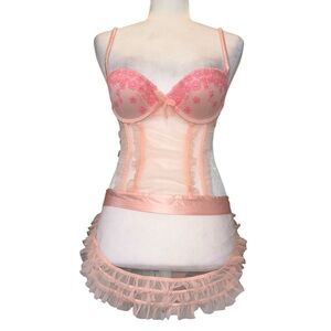 Victorias Secret Pink Sheer Floral Lingerie Babydoll Set Size 34B